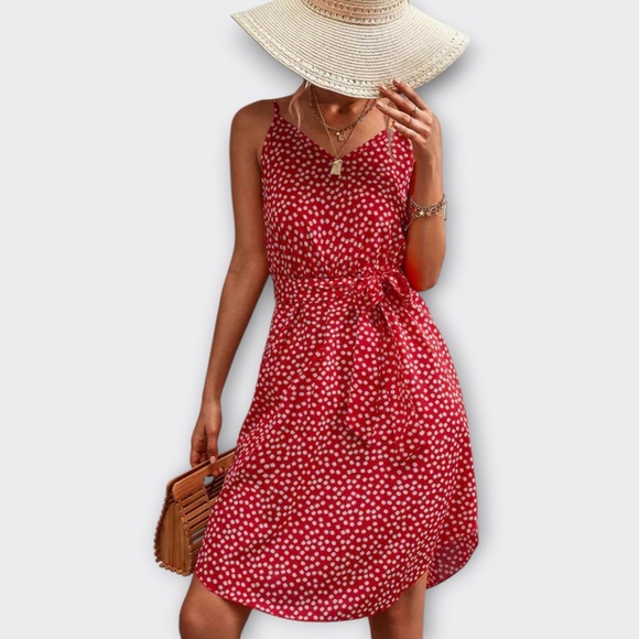 Red White Floral V-Neck Tie Waist Cami Mini Dress Retro Boho Chic Vacation S - Picture 4 of 12